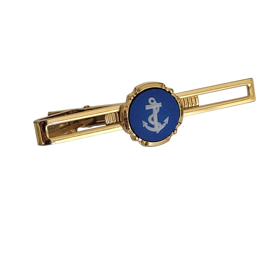Wedgwood Jasperware Blue Anchor Tie Clip Gold Tone Made in England Vintage